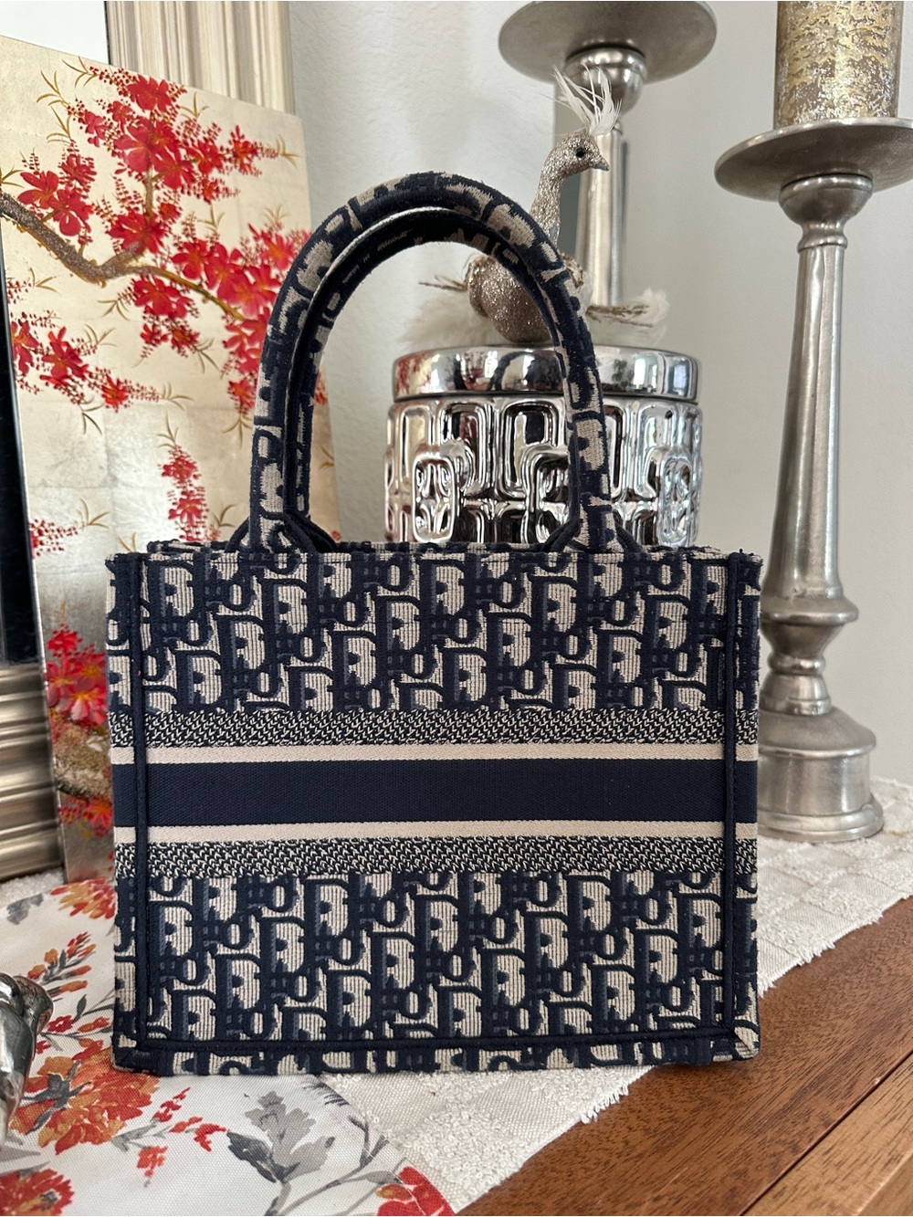 Mini Navy & Beige Structured Jacquard Tote